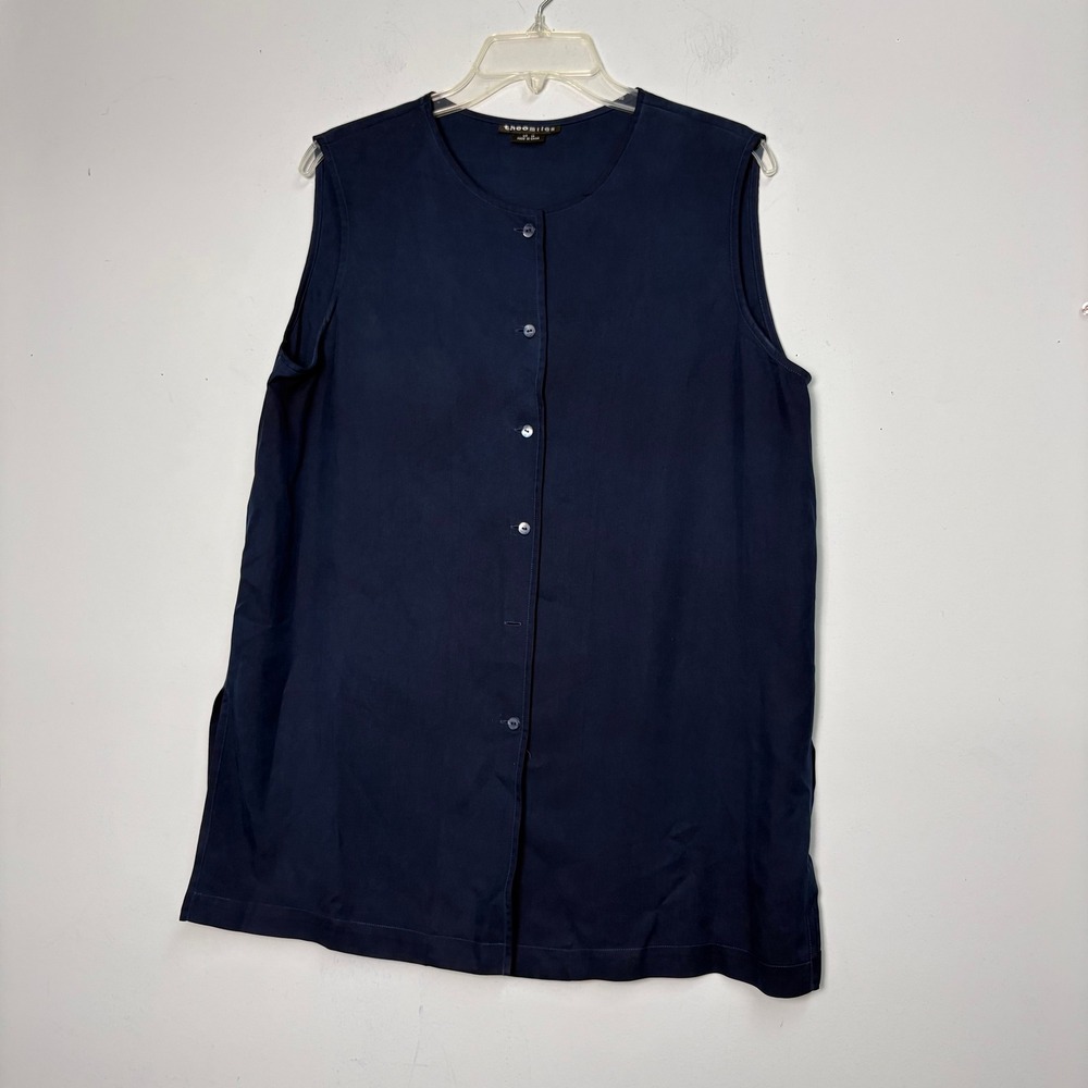 Theo Miles Womens 14 Navy Blue 100% Silk Sleeveless Button Down Blouse Top